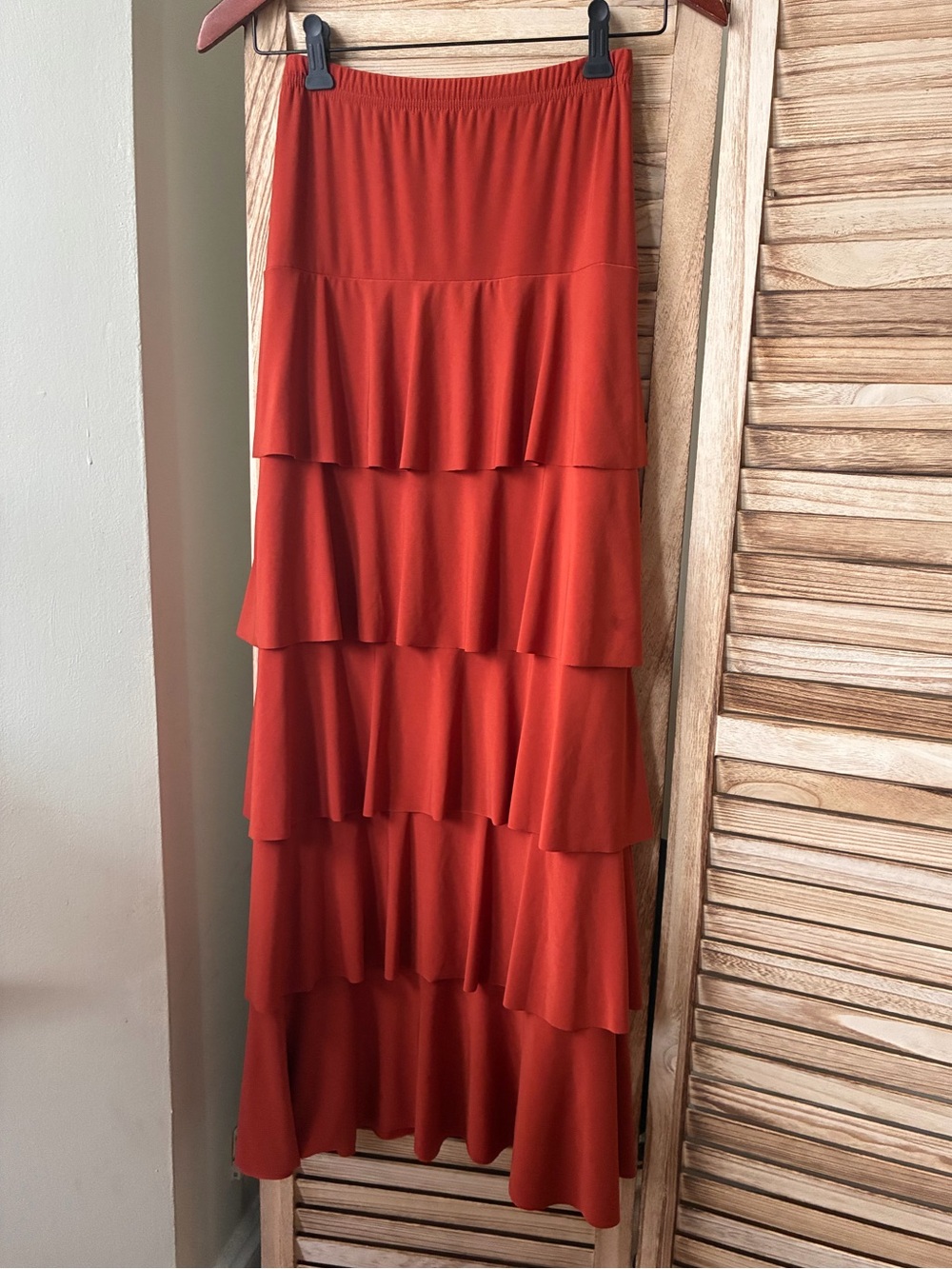 Junee Burnt Orange Fall Fairycore Tiered Ruffle Maxi Skirt Rust Boho Modest  XS